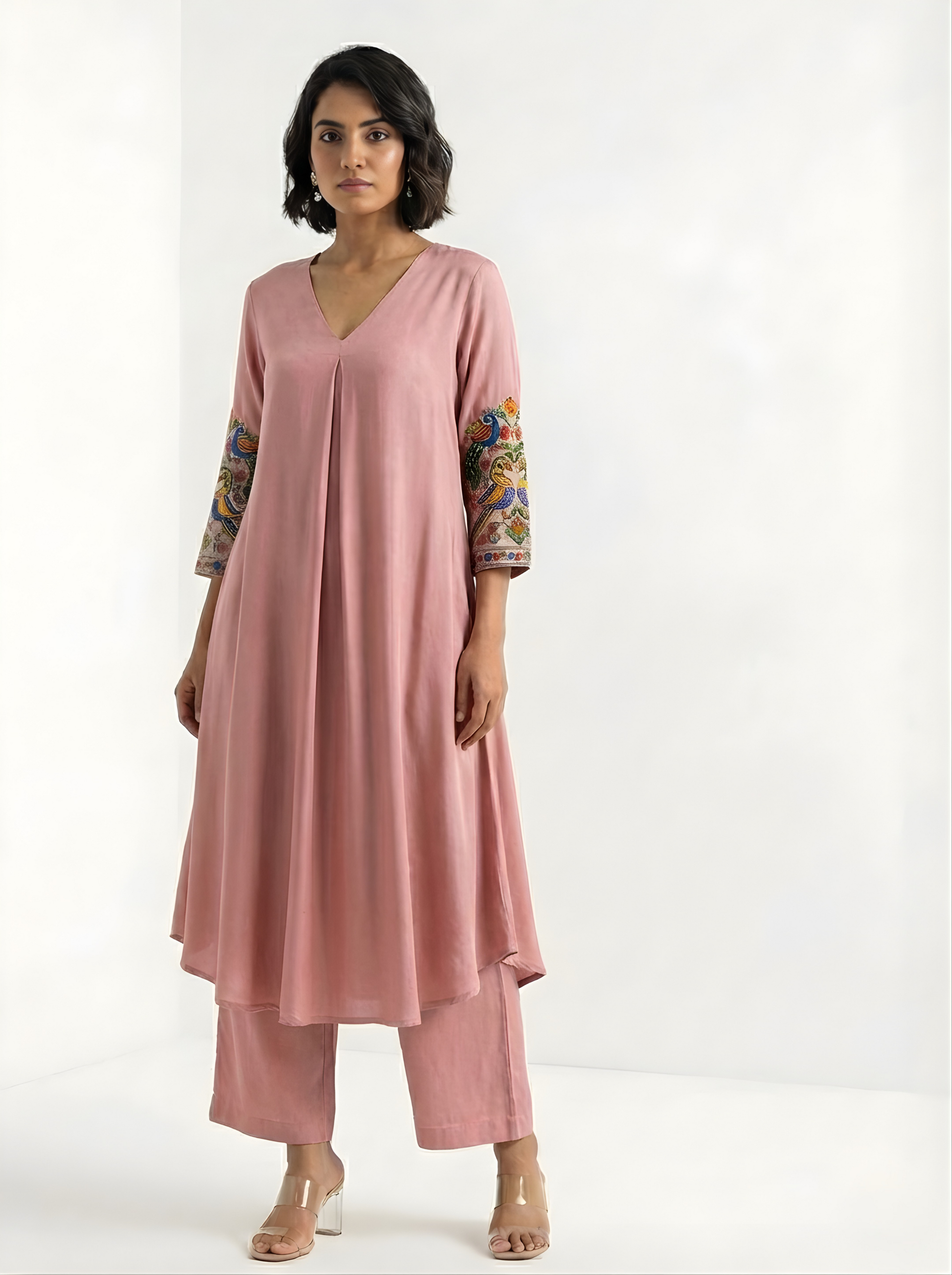 Woman wearing a pink outfit with floral sleeves on a white background with embroidery of arms