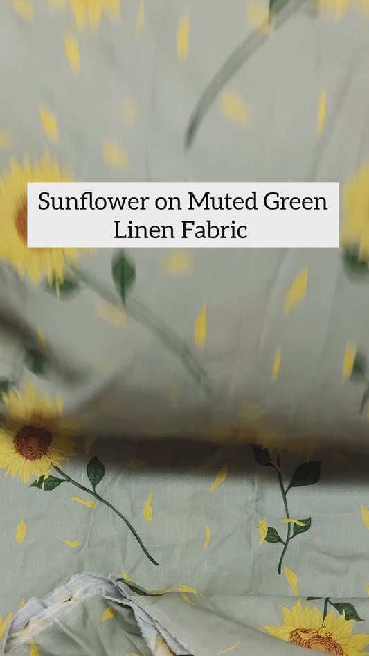 Muted Green Sunflower Printed Linen ( 54")